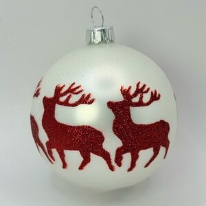 Vintage Vitbis Red Glitter Reindeer Ivory Hand Blown Glass Christmas Ornament 4”